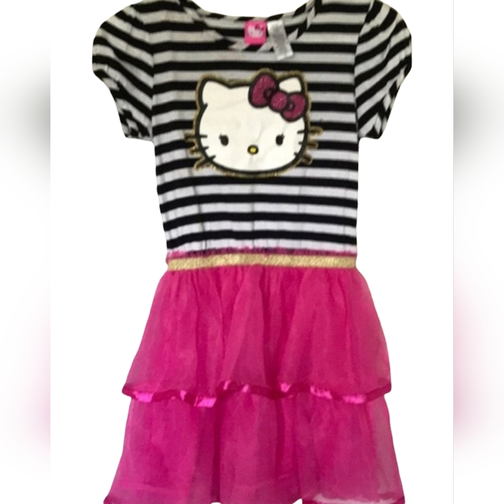 Hello Kitty Girl Black and White Striped Dress with Pink Skirt Size 10